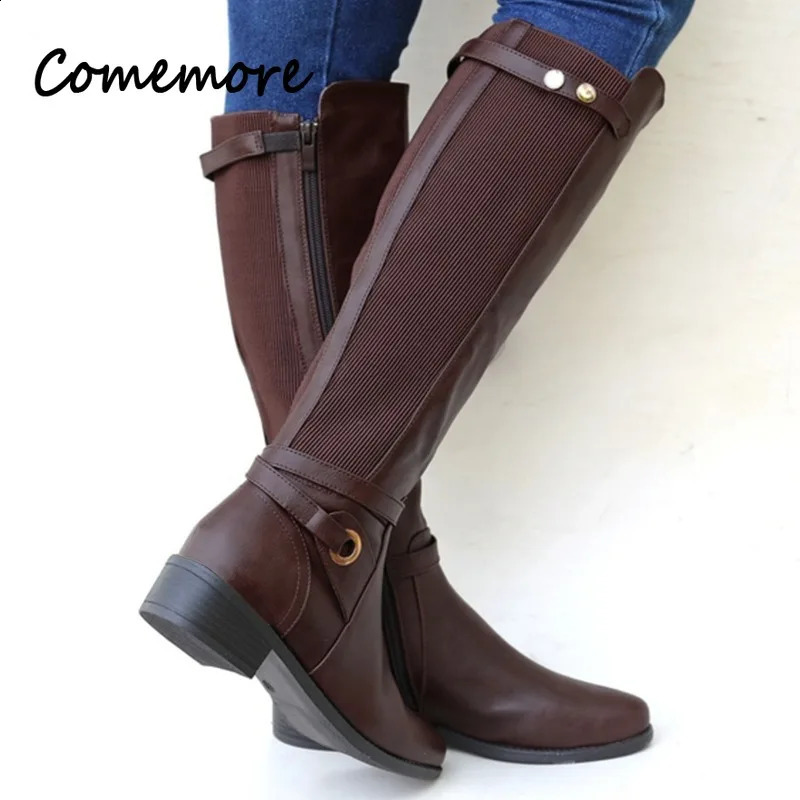 Comemore womens buckle length knight boots womens combat boots womens low heel shoes plus size womens zipper leather knee high boots 240823