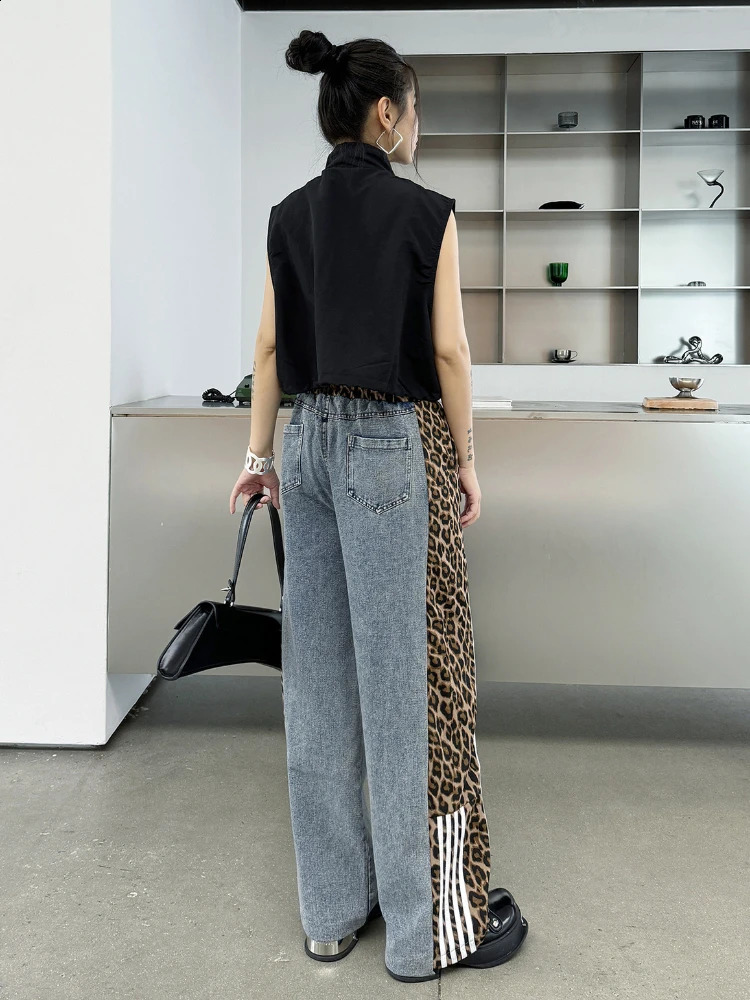 Vintage Street Leopard Print Wide Leg Pants Splicing High Waist Jeans Women Summer Loose Elastic Casual Trousers Streetwear 240823