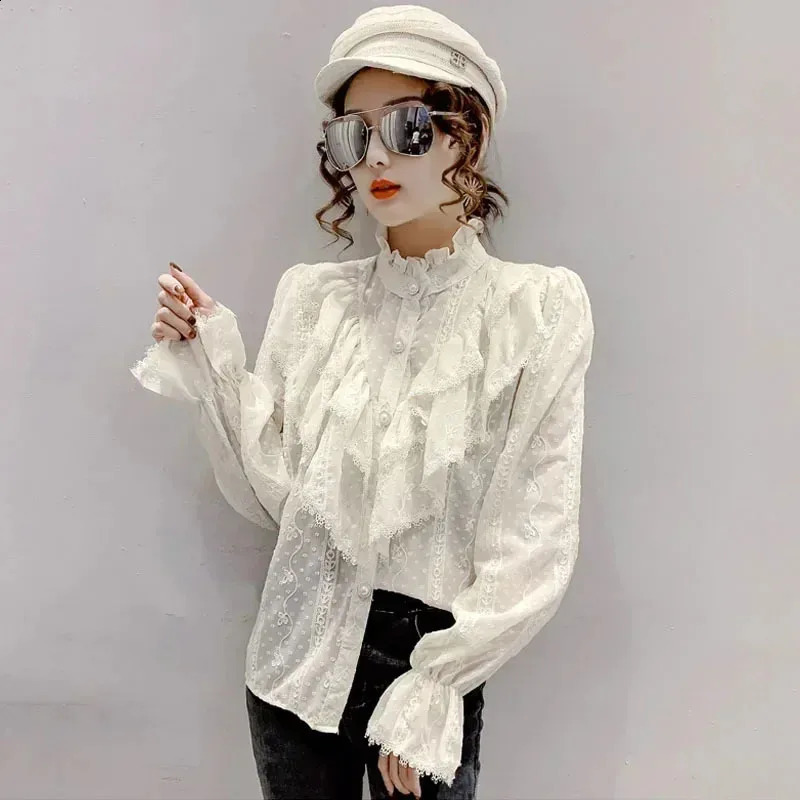 Long Sleeve Loose Spring Fashion Button White Shirt Elegant Stand Collar Pleated Tops Casual Ruffle Lace Blouse Blusas 15832 240823