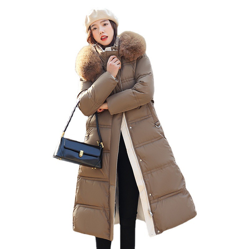 Wind Winter New Down Cotton Jacket Womens Long Knee Length Large Fur Collar Korean Version Slim Belt Coat Cotton