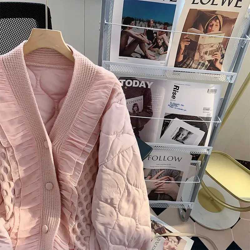 Women's Down Parkas KUSAHIKI Fashion Ruffle Knitted Patchwork Parka Coat Causal Long Slve V-neck Korean Jackets 2023 Autumn Winter New Parkas Y24