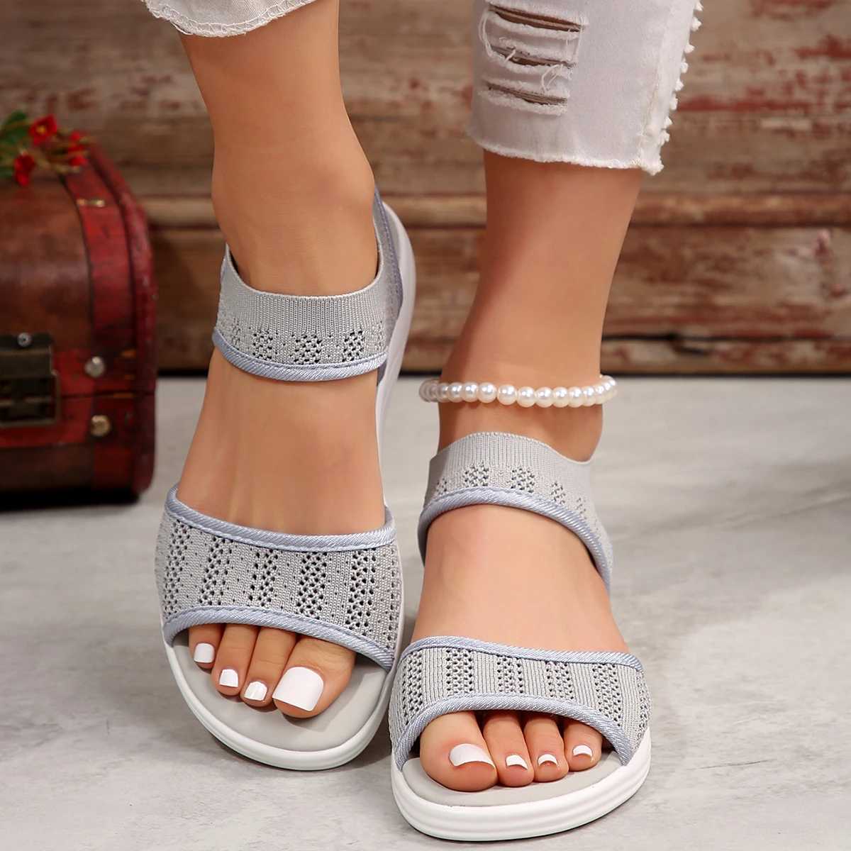 New Arrival Womens knitted elastic fabric wedge sandals slide on lightweight walking sandals comfortable size summer sports sandals T250318