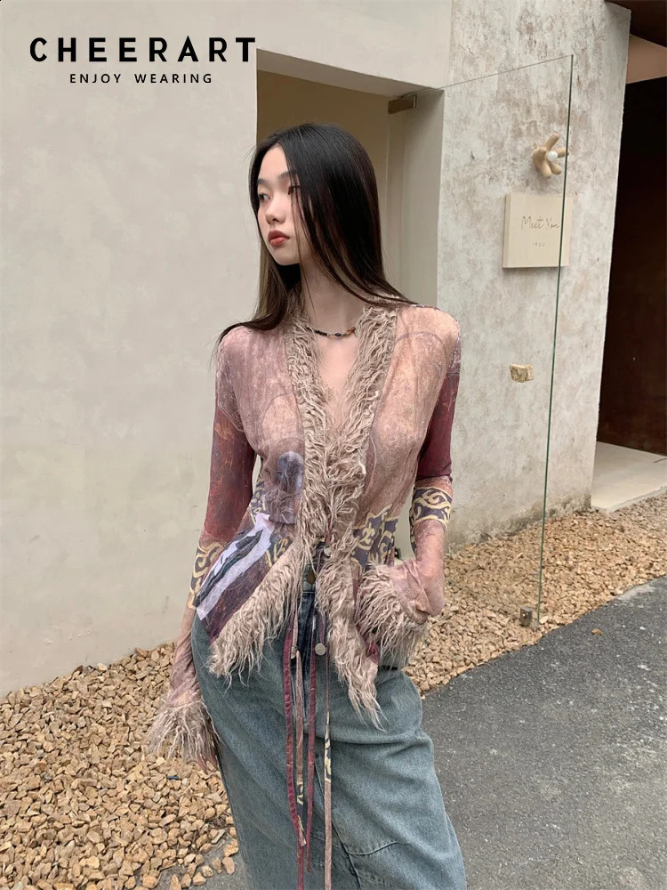 CHEERART Spring Fur Collar Open Fleece Jacket Womens Mesh Ethnic Vneck See Through ner Fashion 240824