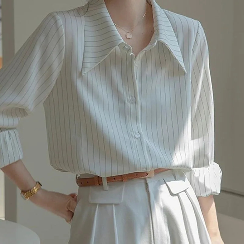 White Elegant Social Womens Shirt Spring and Summer Striped Long Sleeved Shirt Womens Commuting Professional Shirt 240823