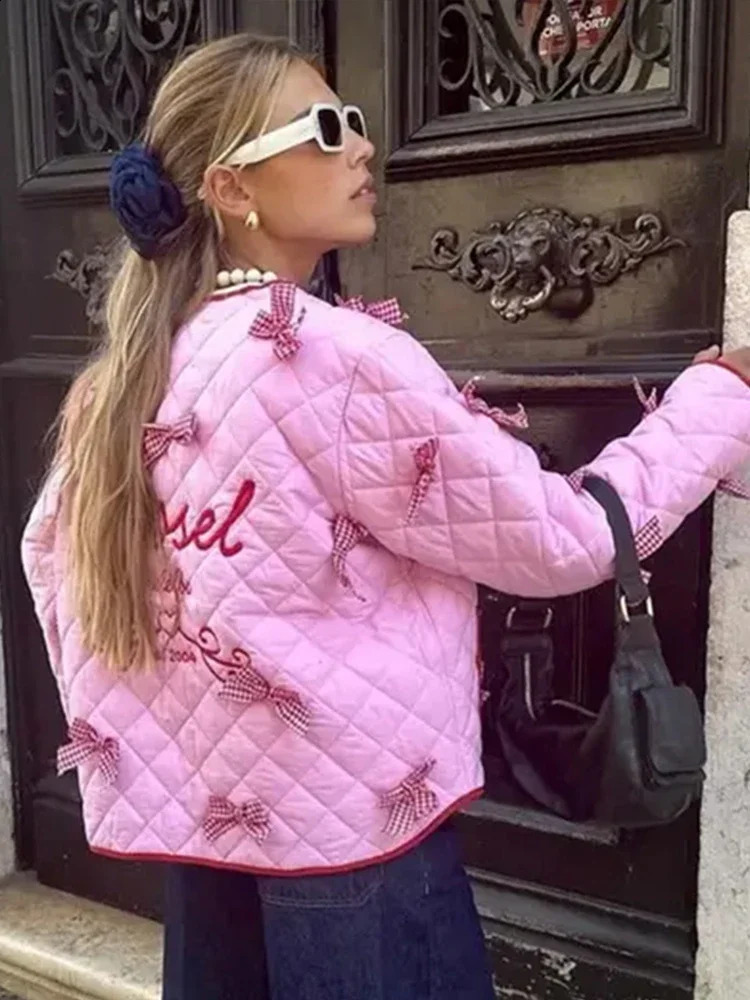 3D bow lace bedding coat autumn fashionable thick Oneck long sleeved pocket womens street warm jacket 240823