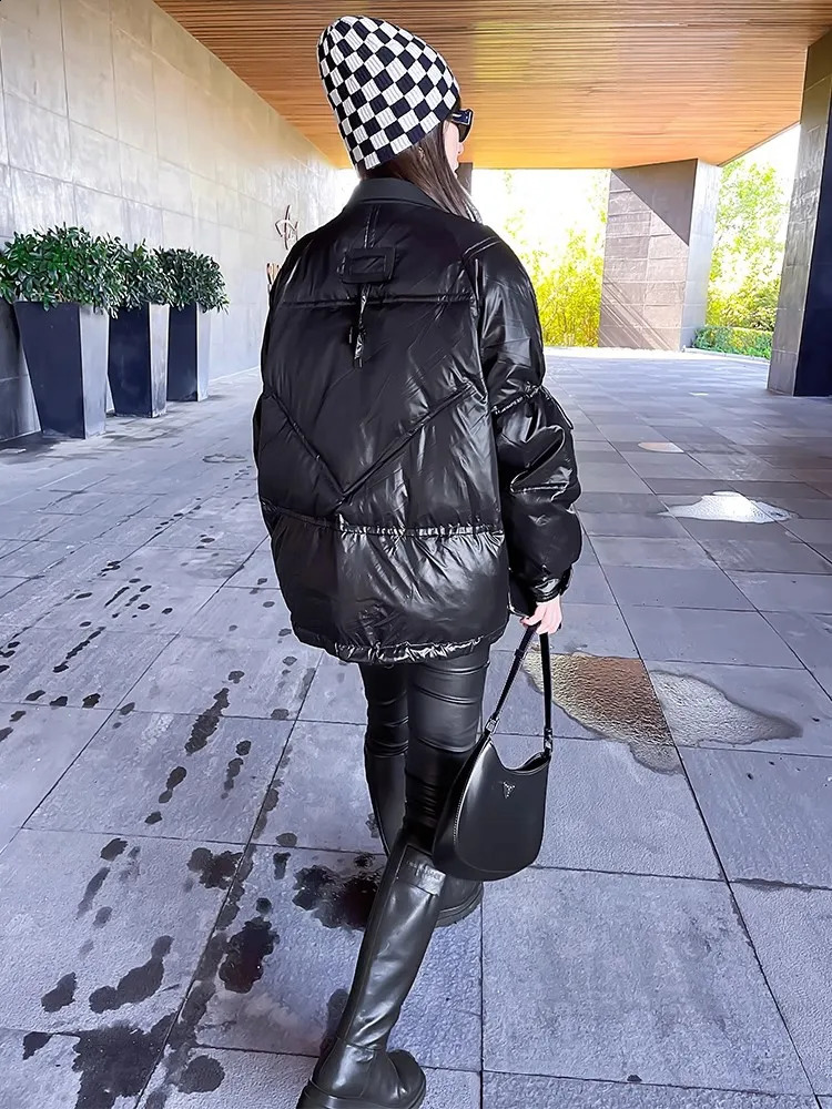 Womens ultrafine loose jacket black patchwork pocket casual thick warm Parka womens twopiece 240823