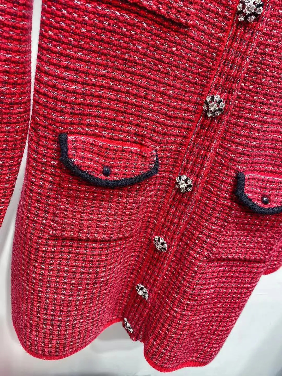 Elegant Lady Red Tweed Dress Vintage Four Pocket Long Sleeve Knit Dress Spring Casual High Waist Woolen Vestidos for Women 240824