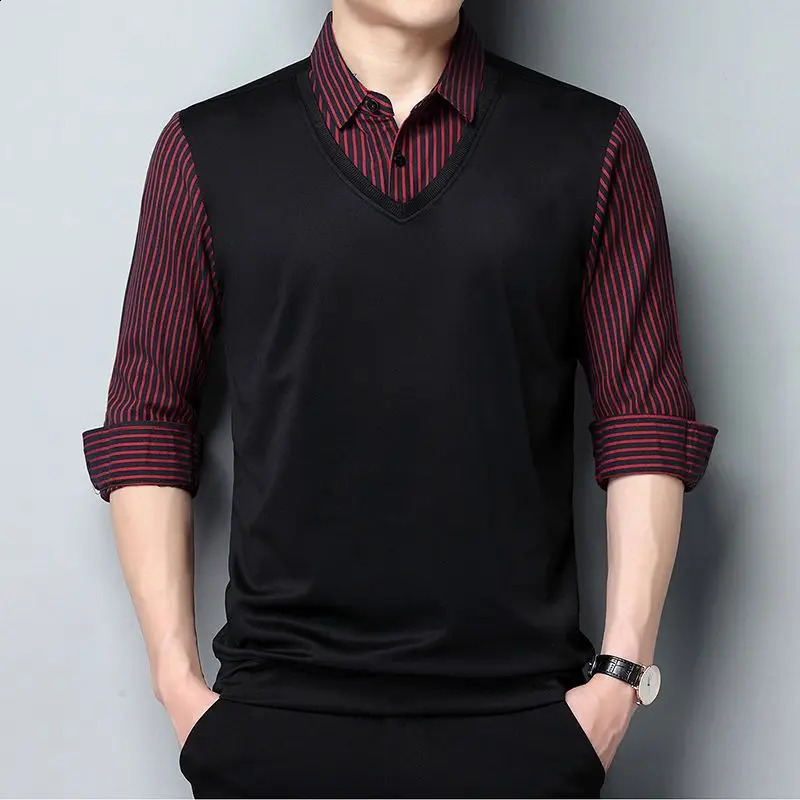 Fashion Men Striped Long Sleeve Polo Shirts Spring Autumn Cotton Patchwork Male Clothes Lapel Business Loose Solid Casual Tops 240824