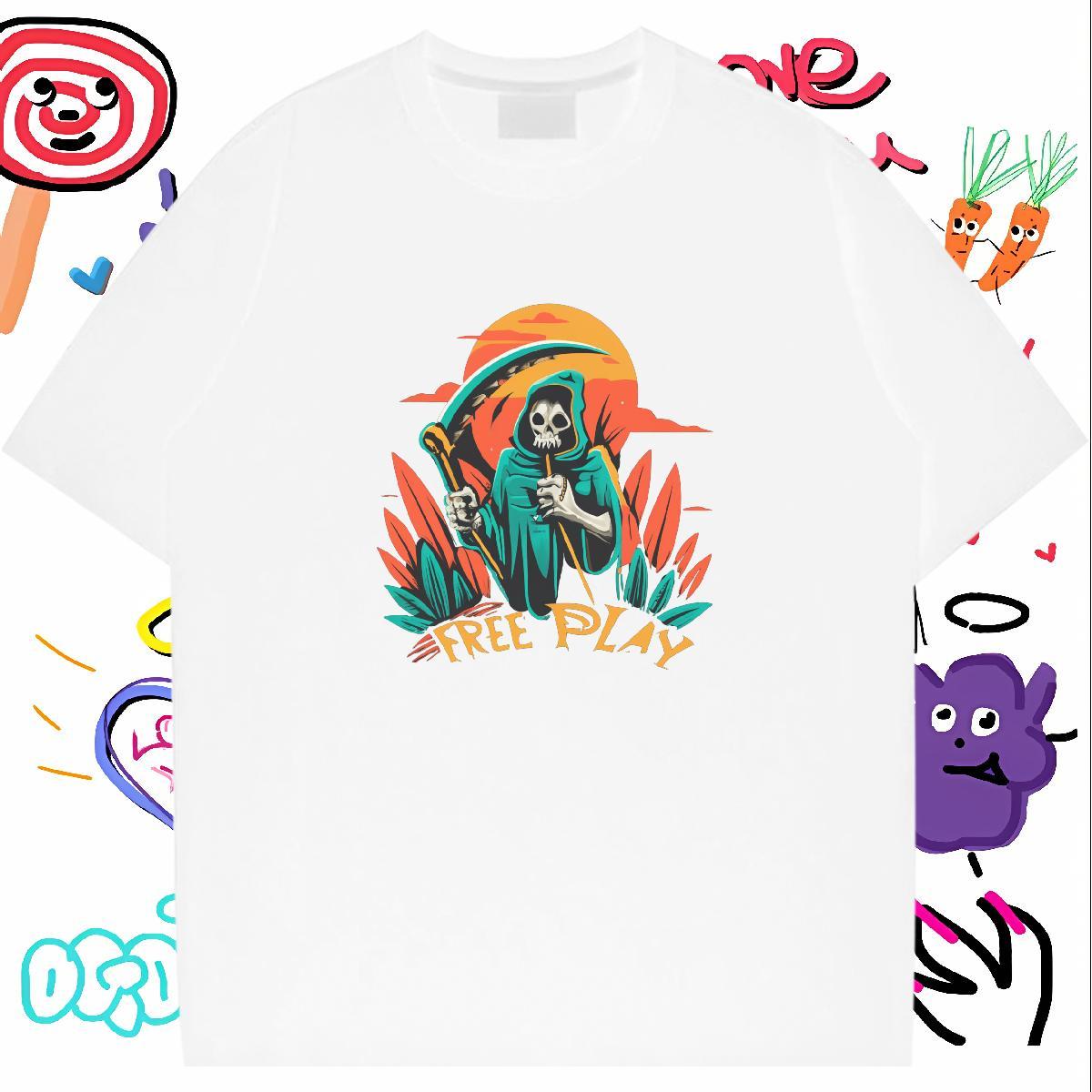 Comfortable Mens T Shirts 230g Pure Cotton skull Daily Outfit Cartoon Print Breathable Crew Neck Men Tops Tees DIY Clothes