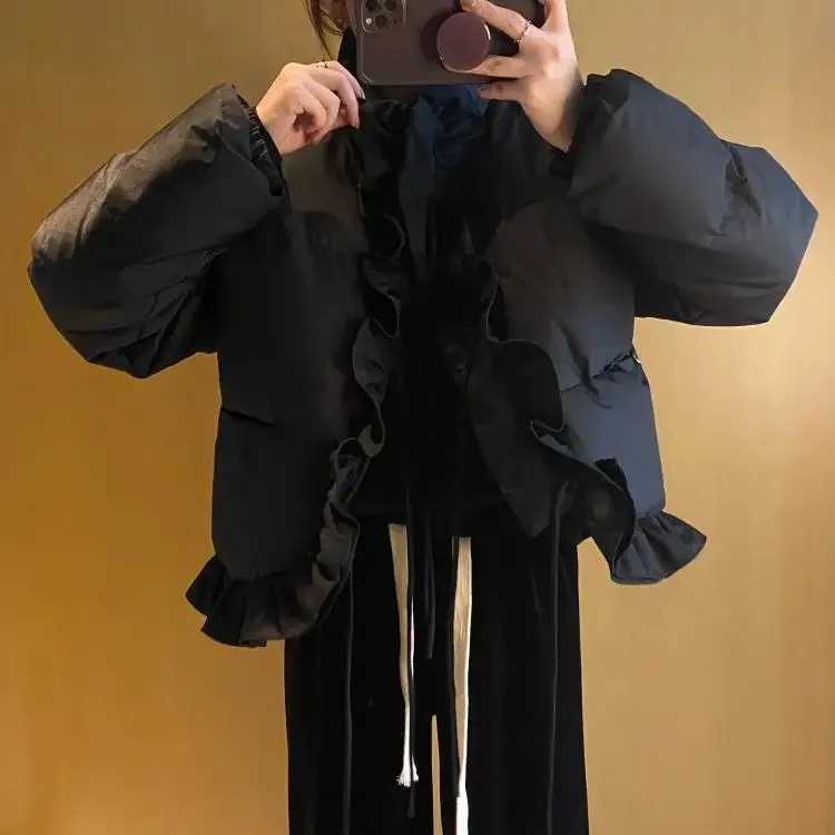 Women's Down Parkas Nomikuma Korean Short Irregular Ruffle Woman Parkas Autumn Winter Swt Outwear Jacket Causal Long Slve Turtleneck Parka Coat Y