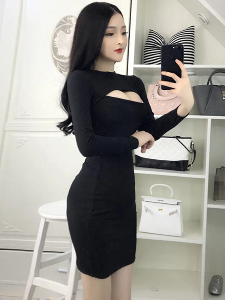 Nightclub Bar Workwear Autumn Sexy Open Chest Long Sleeve Dress Slim Wrap Hip Knitted Dress Bodycon Fit Vintage Dress Korea 240823