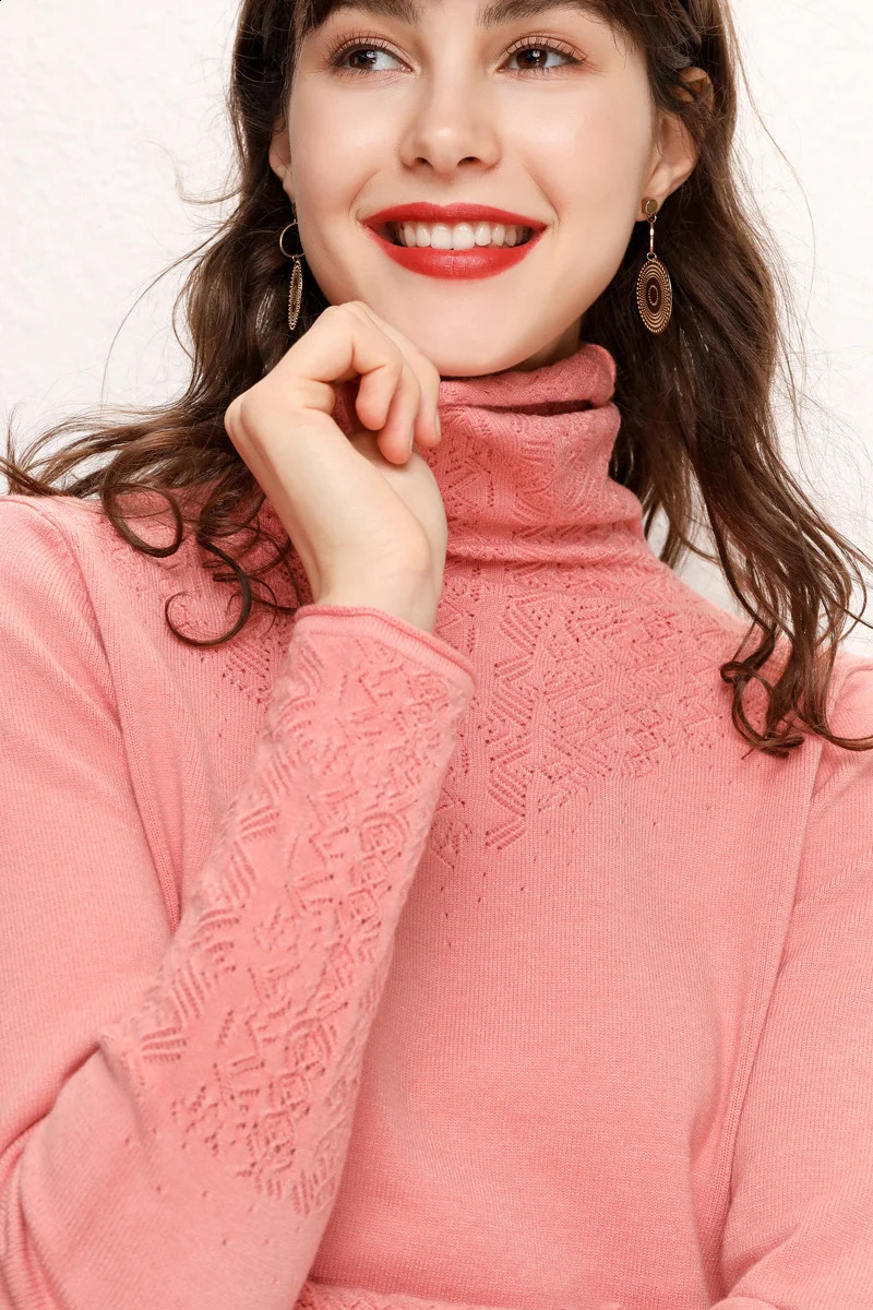 Women Merino Wool Sweater Pile Collar Pullover Cashmere Knitwear Solid Color Hollowed Jacquard Clothing Basic Spring Autumn Tops 240824