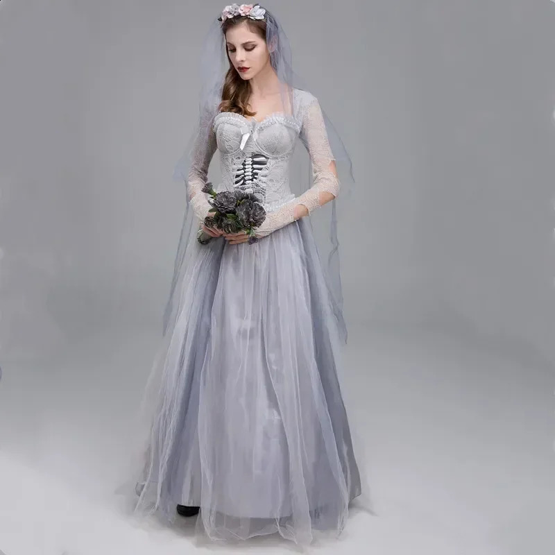 Duo Lady Corpse Bride Costume Classic Long Horror Mexican Zombie Role Playing Carnival Halloween Fancy Party Dress 240823
