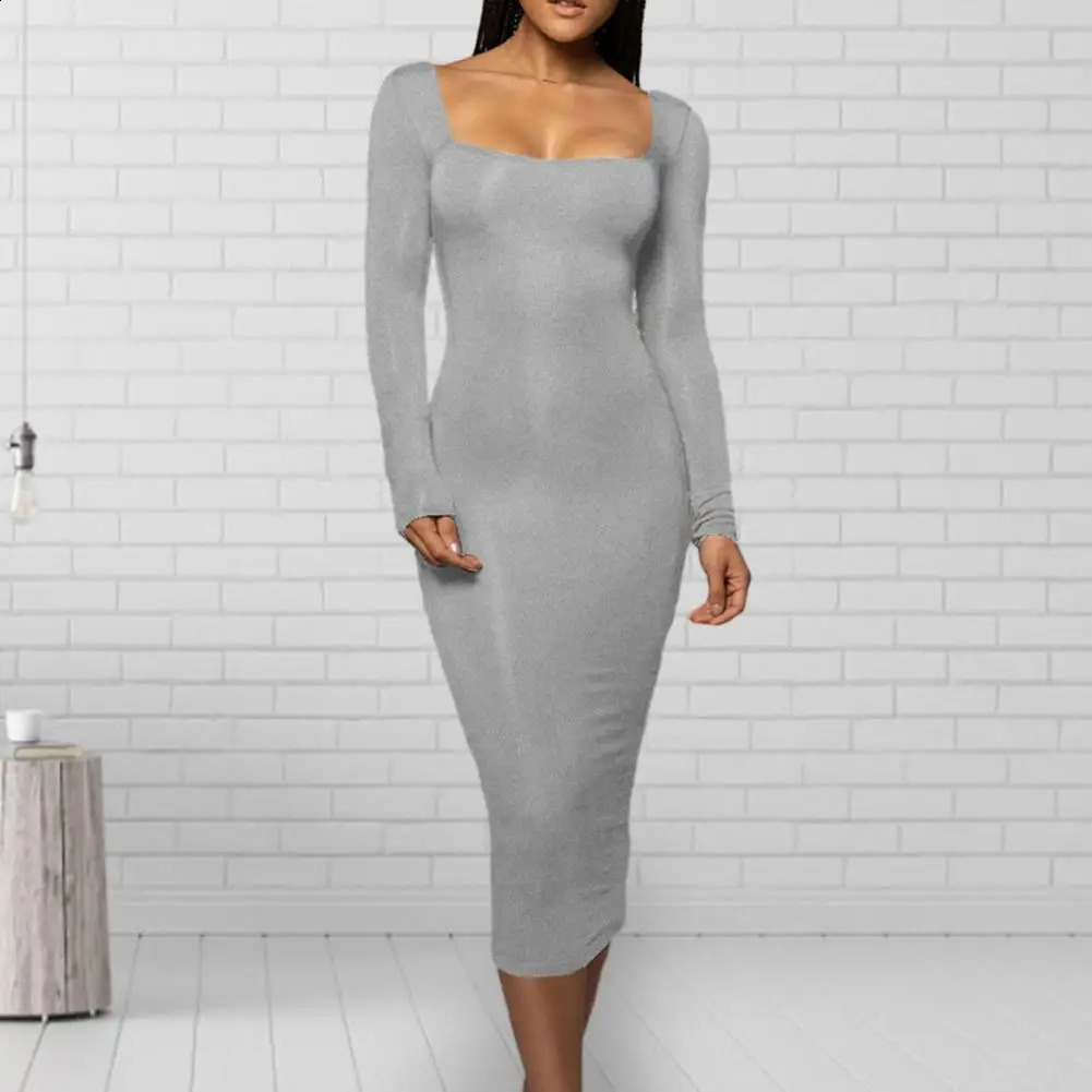Autumn And Winter Womens Slim Tight Bottom Dress Solid Colour Grab Square Neck Long Sleeve Dresses Stretch Hip Thin Long Dress 240823