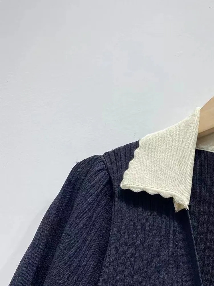 Women Knit Short Puff Sleeve Single Breasted Midi Robe 3 Colors Peter Pan Collar Female Knitwear Long Robe Early Autumn 240824