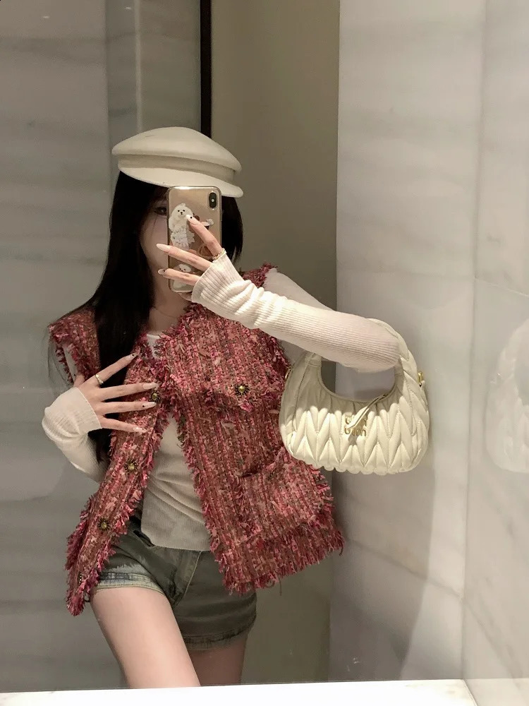 Autumn Tweed Vest Tassel Woven Sleeveless Fragrant Women Waistcoat 240823