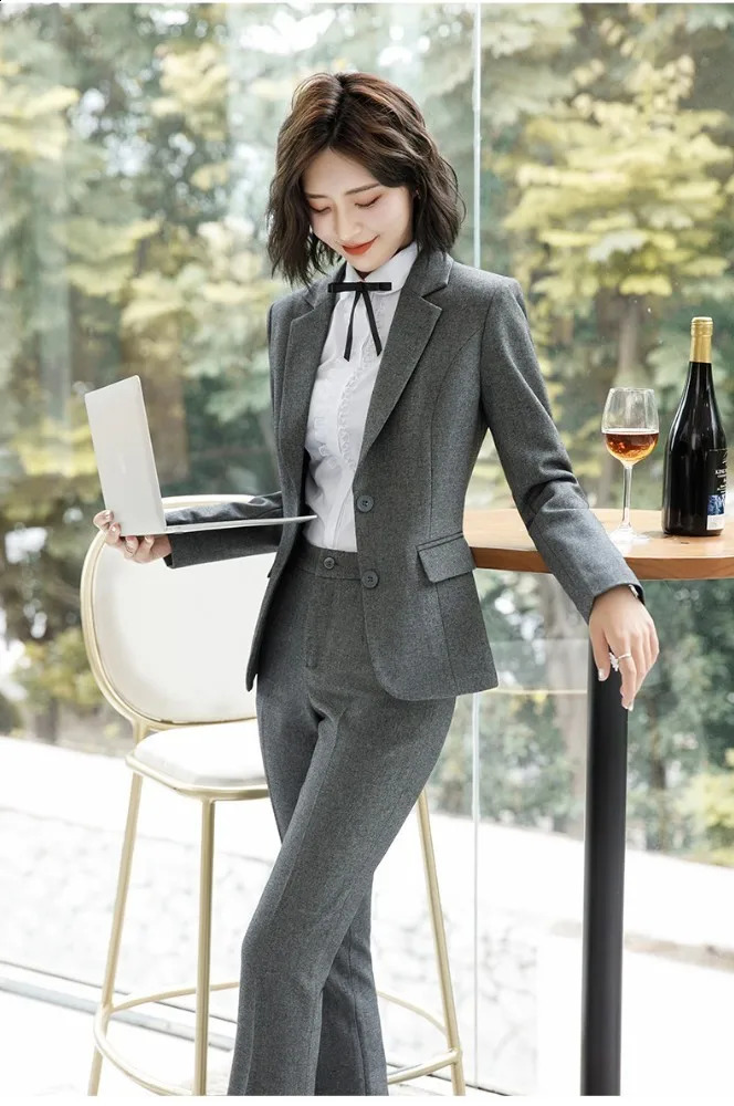 grey formal uniform n womens business suit with pants and jacket office work clothes sportswear 240823