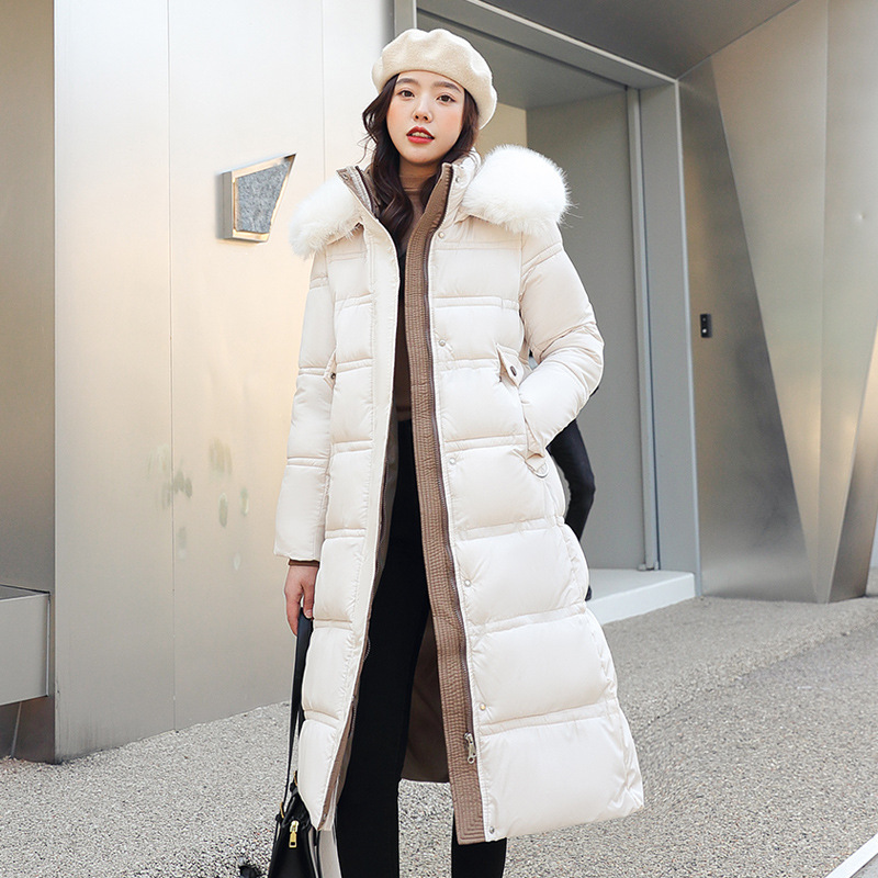 Wind Winter New Down Cotton Jacket Womens Long Knee Length Large Fur Collar Korean Version Slim Belt Coat Cotton