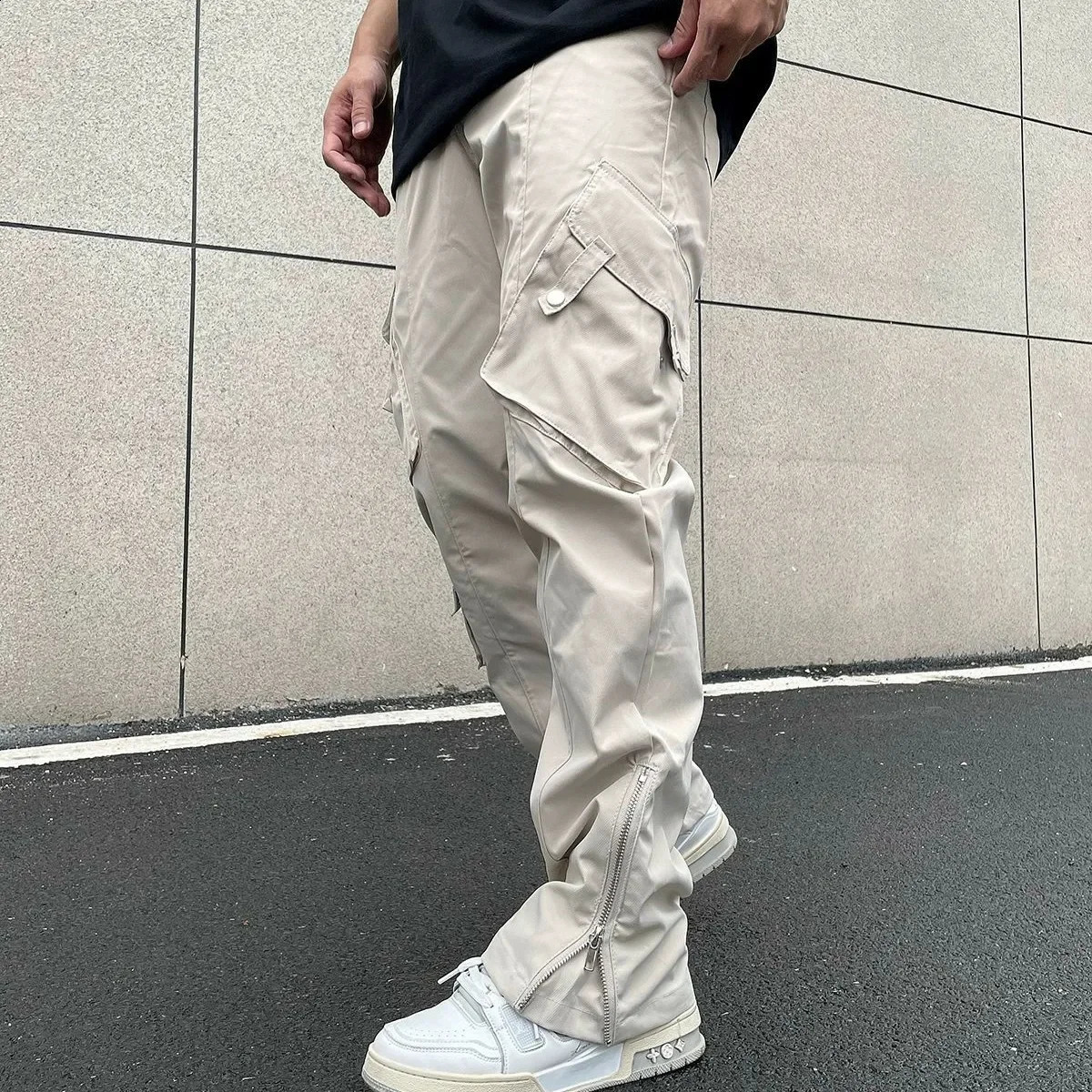 Mens Loose Straight Leg Casual Pants American Style High Street Vibe Zipper Cargo Misty Wind 240823