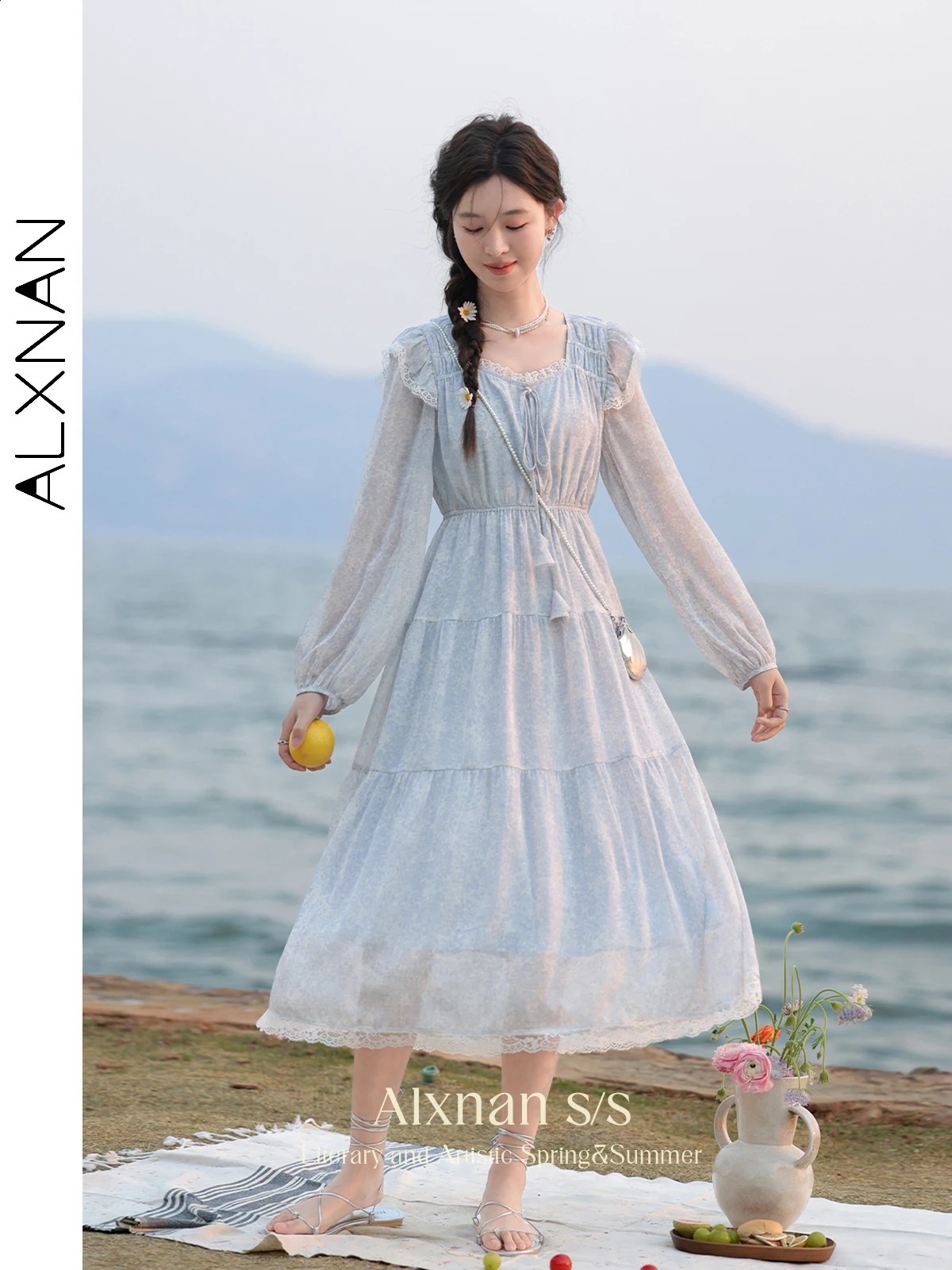 ALXNAN Women Spring Frenchy Ditsy Floral Tierred Dress Female Chic Lace Trim Long Sleeve Elastic Waist Dresses Woman L33762 240824