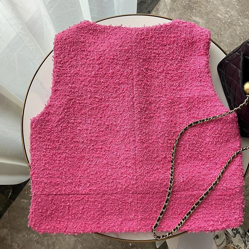 Small Fragrant Summer Tweed Korean Fashion Elegant O-neck Sleeveless Coat Wool Jackets for Women Pink White Vest Femme 240823CJ