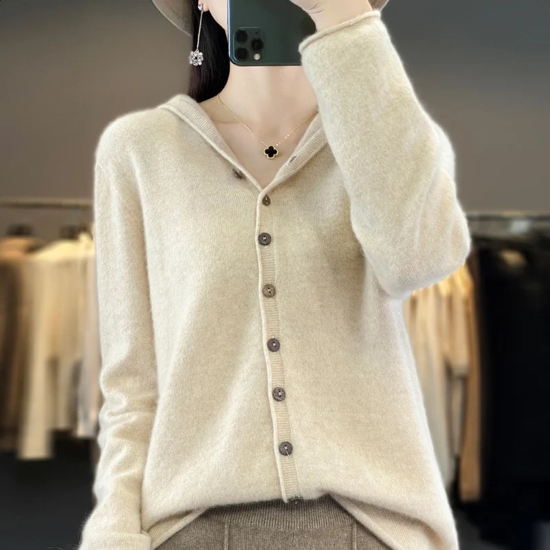 Merino wool Cardigan hat Fall/winter cashmere sweater womens o collar 100% wool warm bottom knit shirt top 240824