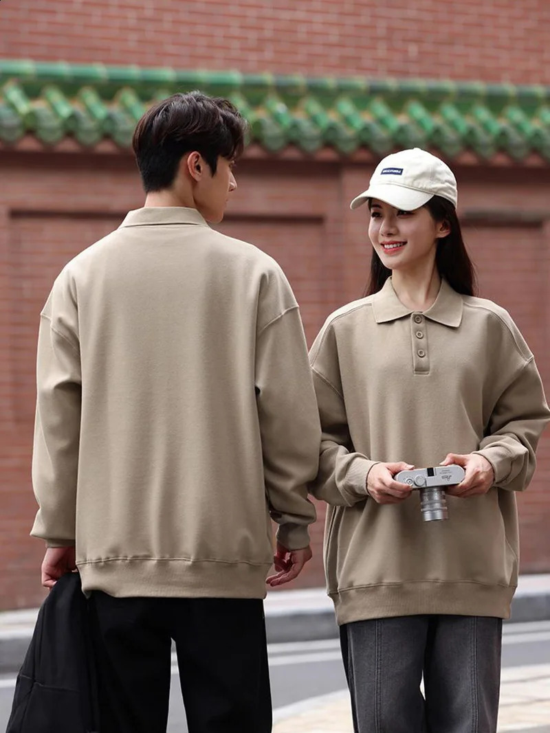 Long Sleeve Buttons Polo Shirt Solid Color American and European Size Loose Pattern Sweatshirt Polo Collar Jumpers Rib Cuff Tops 240824