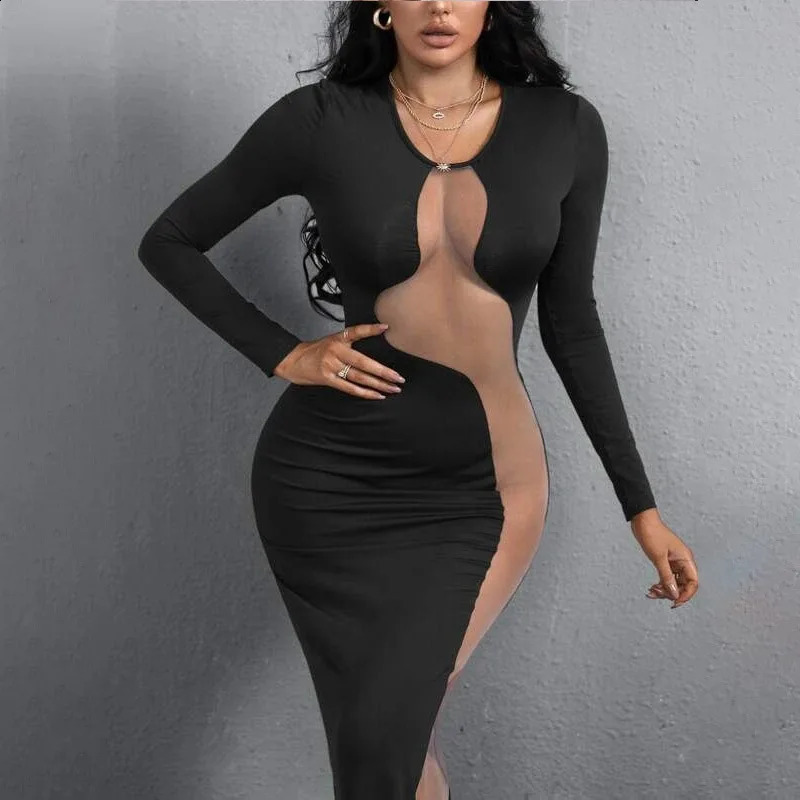 Summer Women Maxi Dress Mesh Stitching Sexy Dress Knitted Long Sleeve Round Neck Slim High Street Party Y2K Attirewear 240823