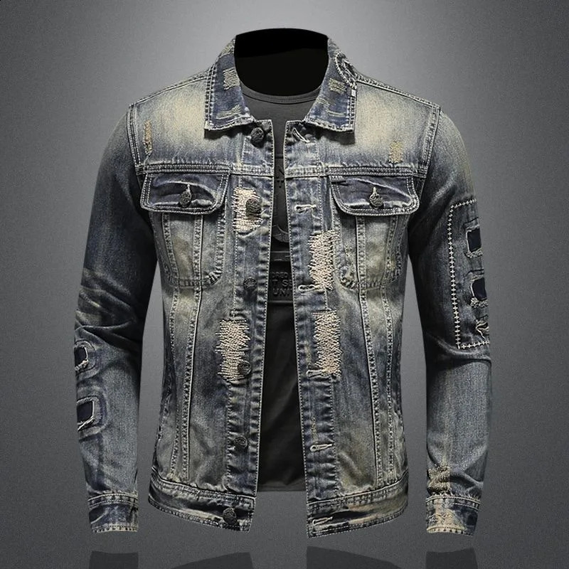 SpringSummer Fashion Trend Tear Vintage Jeans Jacket Mens Casual Loose Comfortable High Quality Plus Size 240824