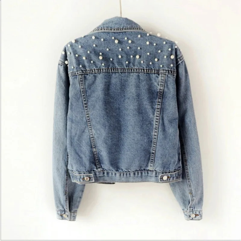 Womens Short Denim Jacket Beaded Pearl Jacket Loose Spring and Autumn Denim Jacket 240824