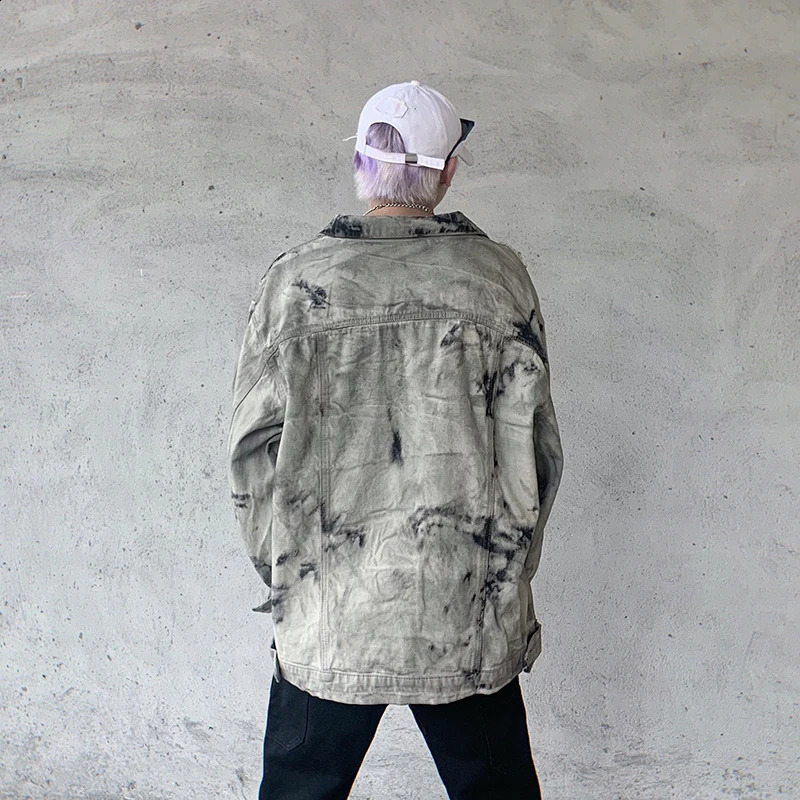Men Streetwear Vintage Denim Jacket Tie Dyed Washed Distressed Pocket Jacket Jeans Harajuku Loose Bomber Jacket Coat Cotton 240823
