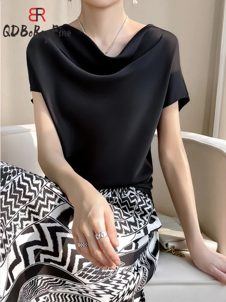 Elegant Womens Tshirt Summer Satin Short Sleeve Swinging Neck Basic White Shirt Office Casual Top 240823