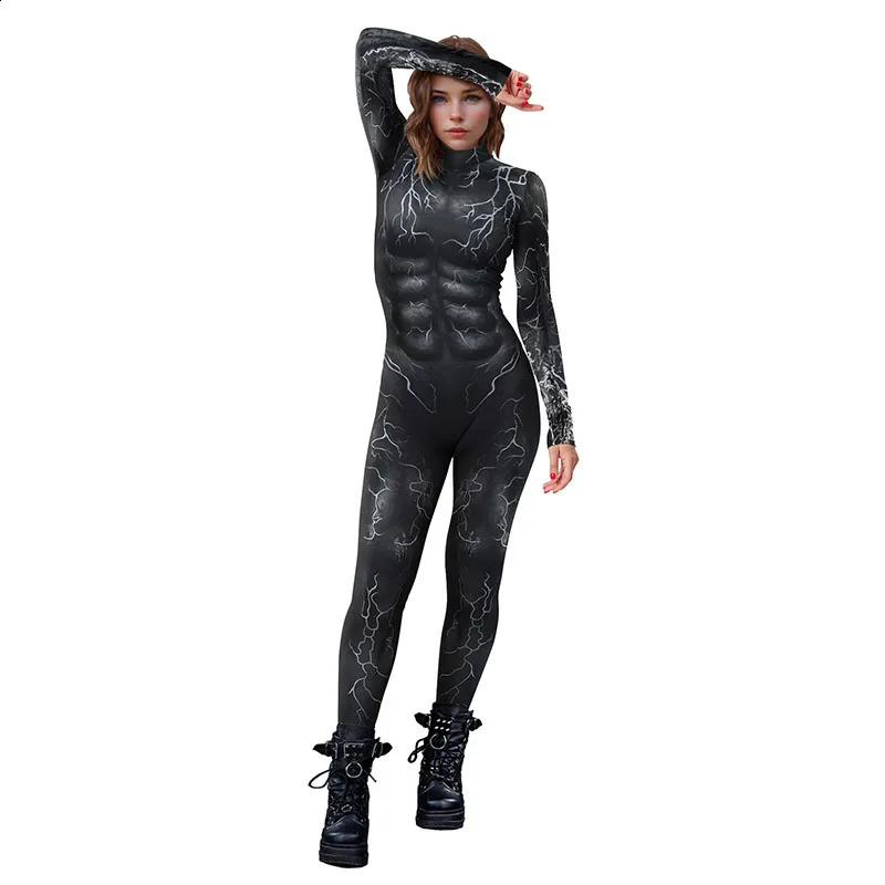 Halloween cosplay bodysuit black artificial Abs muscle crack pattern tight mens party pole dance costume unisex jumpsuit set 240823