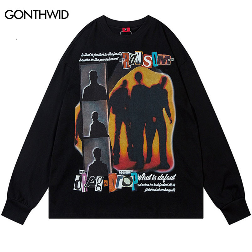 Mens ultrafine shirt retro shadow pattern long sleeved Tshirt Harajuku hiphop punk gothic casual cotton Y2K w240824