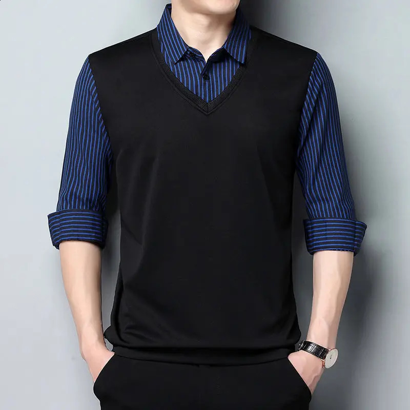 Fashion Men Striped Long Sleeve Polo Shirts Spring Autumn Cotton Patchwork Male Clothes Lapel Business Loose Solid Casual Tops 240824