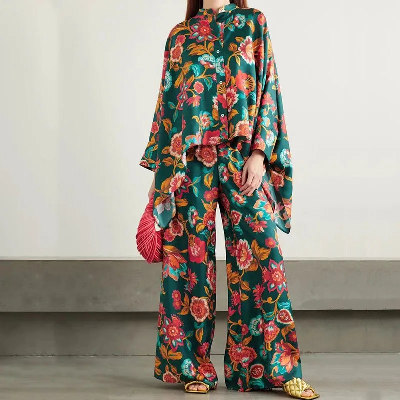 Women 2pcs fashion designer button long sleeved top shirt and pants set for women elegant pattern printed loose suit casual wide leg 2PC
