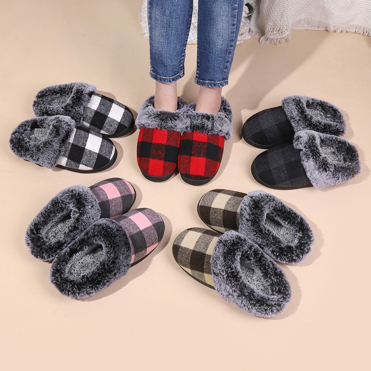 Designer new plaid fur slippers women fashion trend winter home comfortable warm non-slip cotton slipper high quality Winter Shoes large size 36-45
