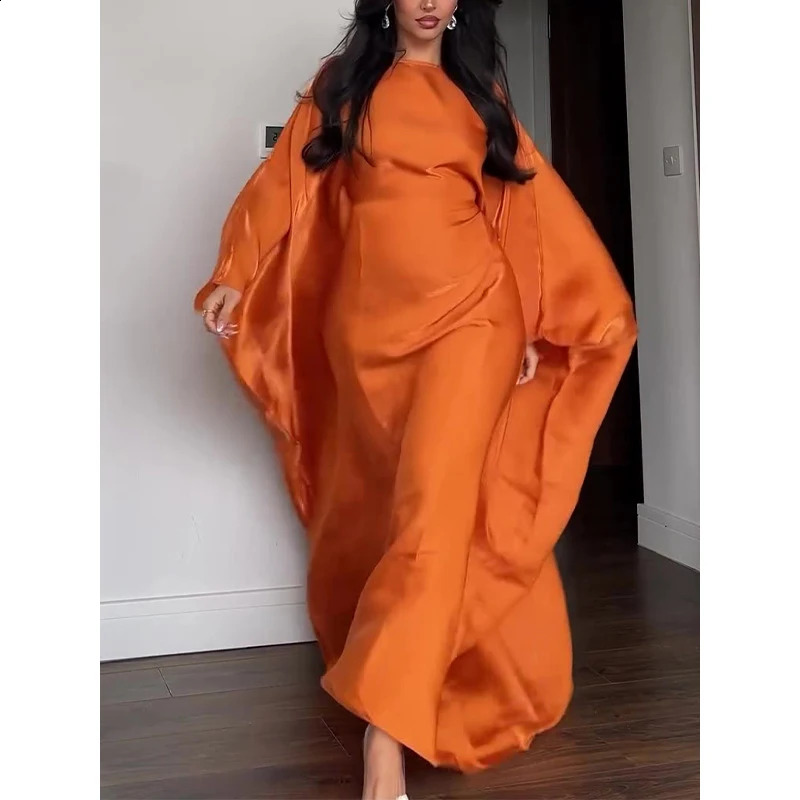 Krisnanas Fashion Batwing Sleeves Loose Solid Color Round-Neck Maxi Dresses for Womens Party Club Banquet Dresses 240824