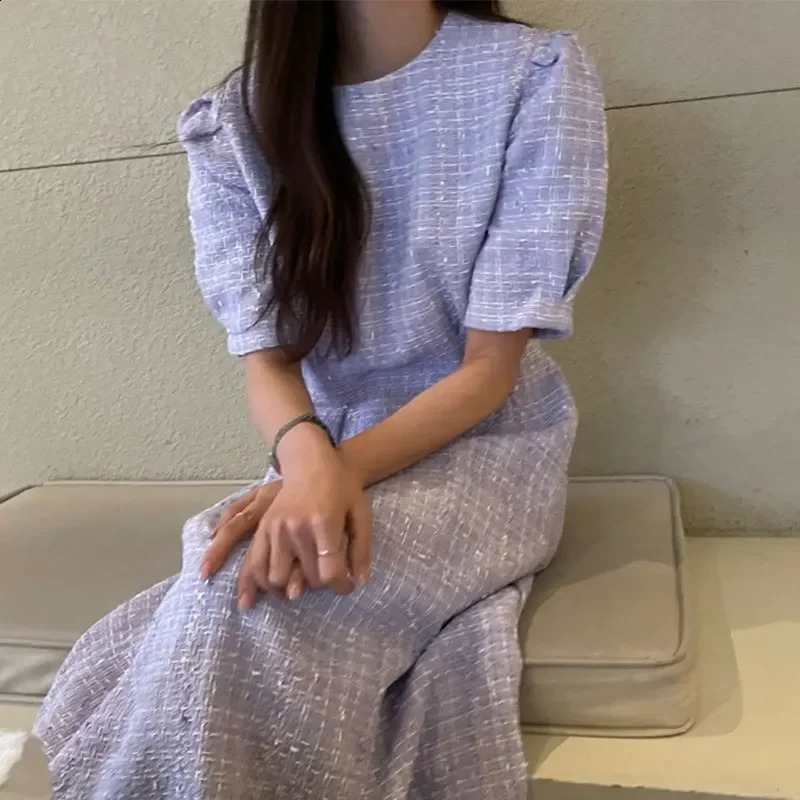 Iyundo Tweed Long Dresses O-neck Puff Sleeve Striped A-line One Piece Korea Dress Vintage Casual Young Lady Skirt Spring Clothes 240824