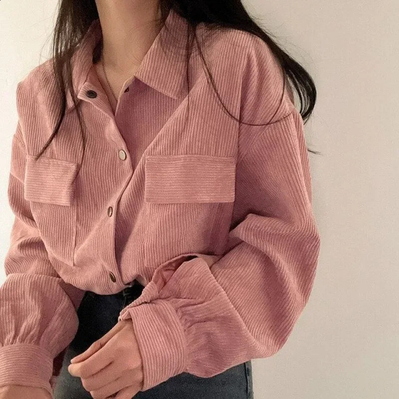 Chic Korean Vintage Simple Lapel Cropped Long Sleeve Shirt Top Corduroy Loose Fit Jacket For Women Model 240823