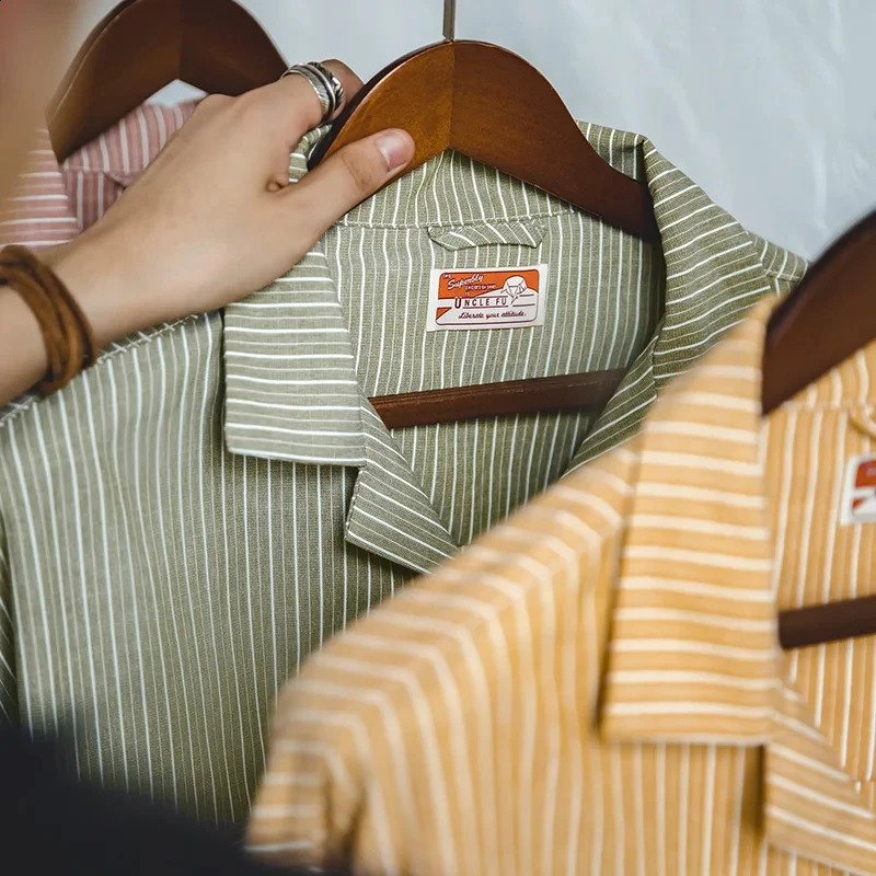 Maden Striped Cuban Collar Men Shirt Jap Retro Patchwork Vintage Pocket Longsleeved Polyester Cotton Spring Fall Trend 240824