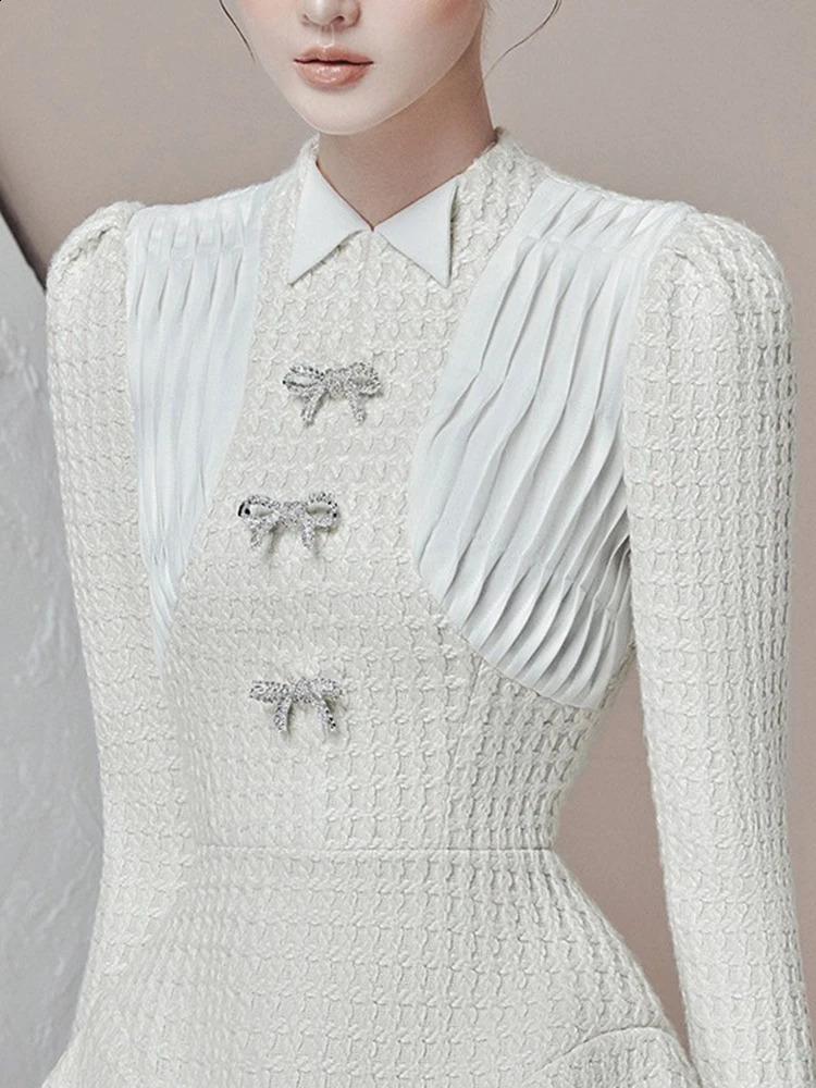 DEAT Autumn Tweed Spliced Bow Long Sleeve Womens Dress Solid Color Zipper O-neck Elegant Party Mini Female Dress 15C359 240824