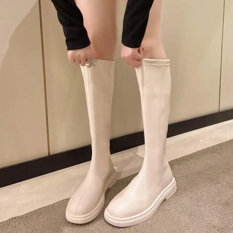 Womens boots knee boots round toe zipper boots womens flat shoes winter boots womens rubber low autumn 240823