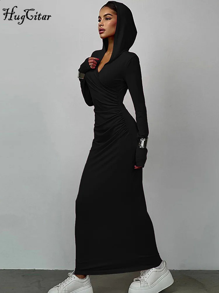 Hugcitar Solid Hoodies V Neck Long Sleeve Draped Sexy Slim Maxi Dress Winter Women Fashion Y2K Outfits Streetwear Party 240823