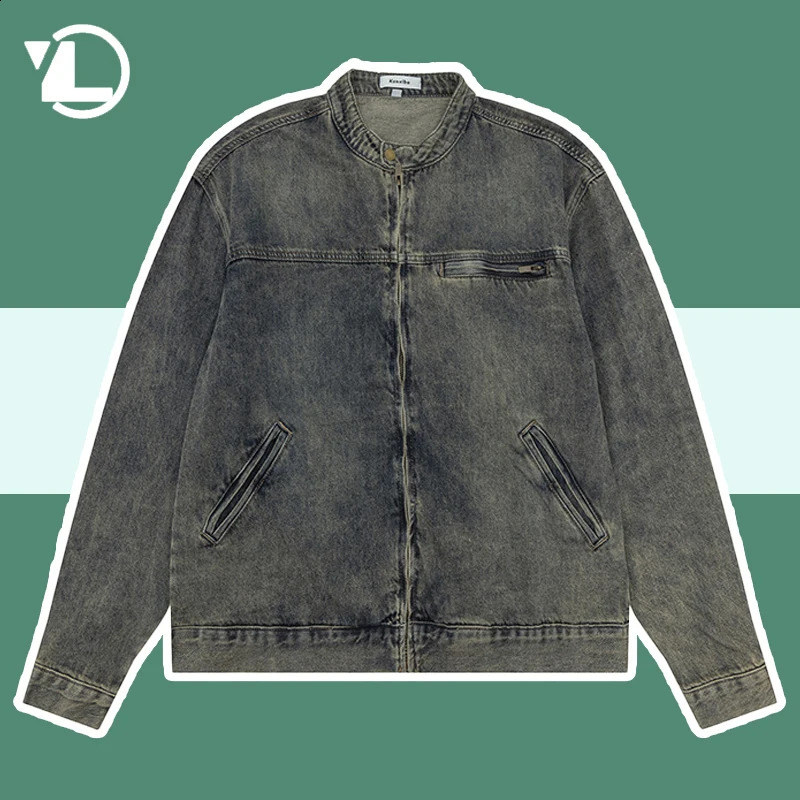 Japanese washed denim jacket mens and womens loose zipper top street retro casual spring 240824