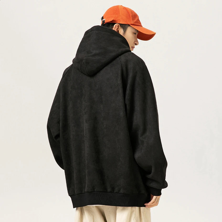 Mens Retro Suede Hoodie Loose Casual Pulling Sports Shirt Street Clothing Harajuku Super Hip Hop 240823