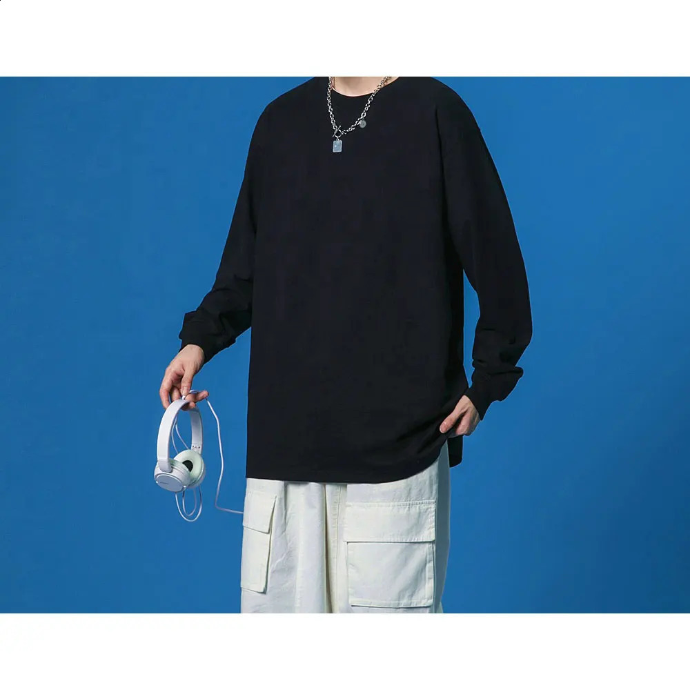 American ultrafine cotton long sleeved round neck loose mens pure white bottom shirt 240823