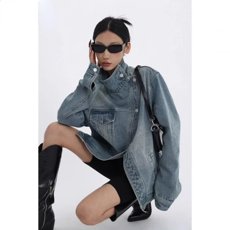 Womens Denim Coat Turtleneck Single Breasted Full Sleeve Patchwork Versatile Jacke Fashion Autumn Streetwear Denim Overcoat 240823