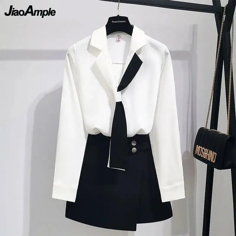 White Shirt Top Midi Skirt Two-piece Womens Professional Suit Korean Fashion Elegant Blouse Dress Set Female Clothes 240823
