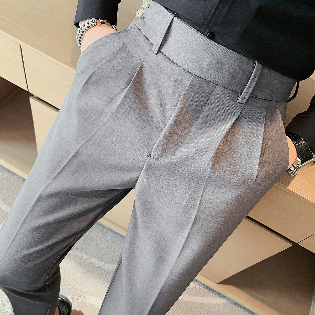 British Style Twill Pleat Naples High Waist Casual Trousers Fashion Man Slim Simple Social Party Suit Pant Plus Size 38 240820